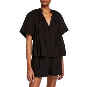 NEW‎ Vince Short Sleeve Poet Gauze Cotton Blouse with Tassel Ties, Black - S